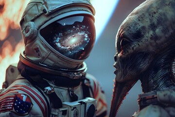 Astronaut and Alien Witnessing the Rise of a Galaxy in Contemplative Silence on an Alien Planet - obrazy, fototapety, plakaty