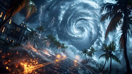 Dramatic 3D of Powerful Hurricane Tearing Through Coastal City Street with Bending Palms and Illuminating Lightning