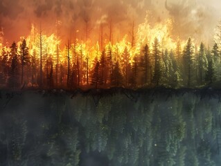 Dramatic Wildfire Transformation of Forested Landscape Showcasing Destruction and Eventual Regrowth