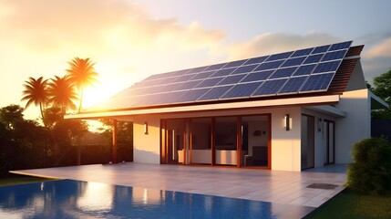 solar panels on the roof of modren house with sunny background - obrazy, fototapety, plakaty