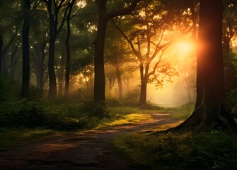 A path in the middle of a forest at sunset
