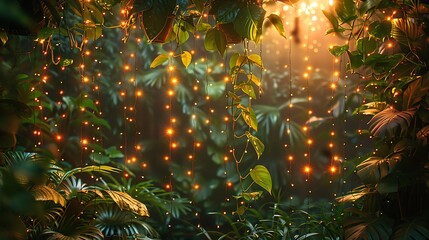 Obraz na płótnie Canvas Create an enchanting garden oasis, where lush foliage intertwines with delicate fairy lights, forming a whimsical tapestry of natural beauty and ethereal charm.