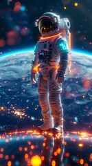 Futuristic Astronaut Exploring Neon Lit Distant Planet in 3D Rendered Space Vision