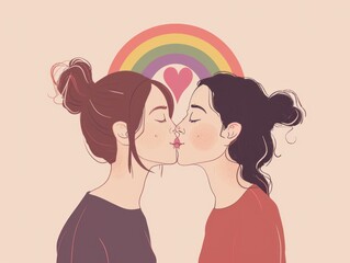 illustration of Lesbian couple. One kissing the other on the mouth. A Rainbow flowing through the background minimal, modern pastels
