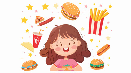 Kids Love Fastfood text on poster. Smiling girl child