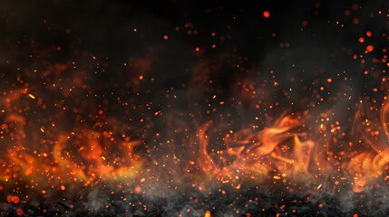 Modern realistic illustration with sparks, embers, and red smoke. Burning coal, grill, hell or bonfire, flame glow, flying orange sparkles, and fog over black background.