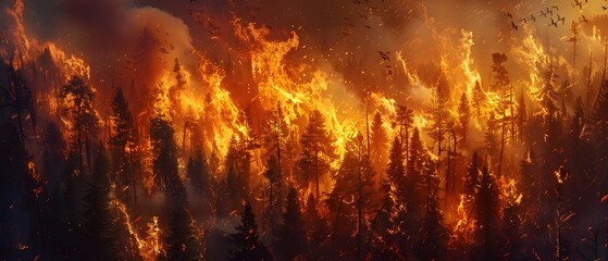 Intense Wildfire Engulfs Vibrant Forest Wildlife Fleeing Raging Flames in Dramatic Climate Induced Disaster Scene - obrazy, fototapety, plakaty
