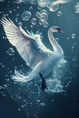 Ethereal Swan Gliding Through Shimmering Balloons Against a Cerulean Backdrop