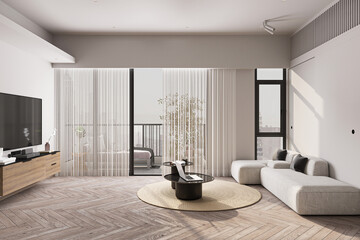 Naklejka na ściany i meble 3d render of luxury home interior, living room, sunlight entry from large window