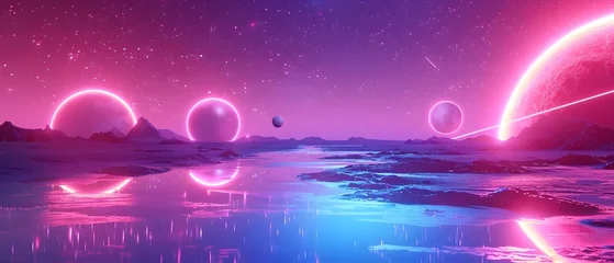 Photo sur Plexiglas Roze Mesmerizing Neon Lit Futuristic Landscape with Distant Celestial Reflections on a Tranquil Lake