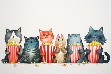 Feline Friends Enjoying Popcorn Treat in Minimal Watercolor