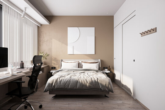 3d render Nordic style bedroom light skin view
