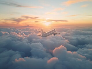 white airplane shot from air long lens with sunset and clouds, plane travel destination concept - Powered by Adobe