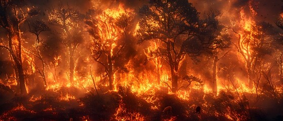 Raging Wildfire Engulfing a Drought Stricken Forest Emphasizing the Harsh Realities of Climate Induced Disasters - obrazy, fototapety, plakaty