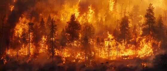 Raging Wildfire Engulfing Lush Forest Highlighting the Harsh Realities of Climate Induced Disasters - obrazy, fototapety, plakaty