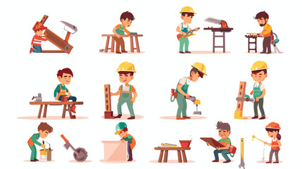 Kids professional workers. Builder brickwork wall pai