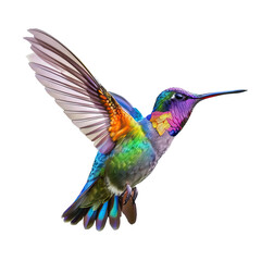 Fototapeta premium Vibrant multicolored hummingbird in flight isolated on white background