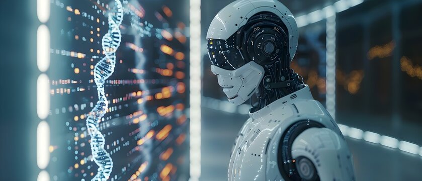 AI in Modern Lab: Deciphering the Code of Life. Concept Biotechnology, Genome Sequencing, Artificial Intelligence, Research in Laboratories