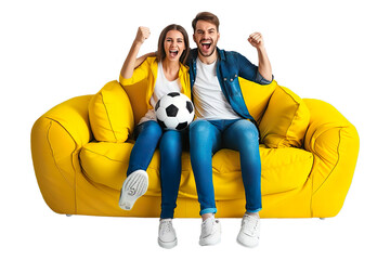 Cheerful couple woman man football fans cheer up support favourite team on sofa with soccer ball, hugging, clenching fists Isolated on transparent background.