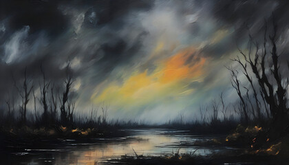 A scary swamp landscapes. Abstract art.