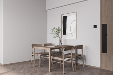 Minimalist white dining room with mock up poster frame, wooden dining table and chairs