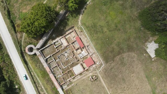 Aerial view of ruins of ancient Roman city Nicopolis ad Nestum near town of Garmen, Blagoevgrad Region, Bulgaria