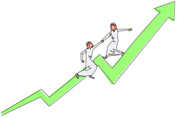 Single continuous line drawing Arabian businessman helps colleague to climb the rising arrow symbol. Help each other to achieve satisfactory targets. Grow together. One line design vector illustration