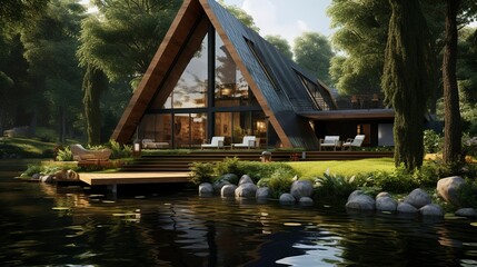 Modern glass house and luxury interior design surrounded by nature.