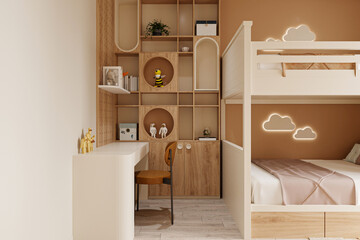 Modern wooden children bedroom with bunk bed in white and a table with chair - obrazy, fototapety, plakaty