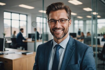 Obraz premium Happy businessman seen through glass in office