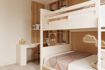 Modern teen bedroom featuring a custom-made with bunk bed, cozy and efficient. - obrazy, fototapety, plakaty
