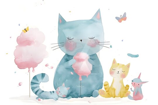 Whimsical Feline Companions Enjoy Cotton Candy in Minimalist Watercolor Illustrated Scene
