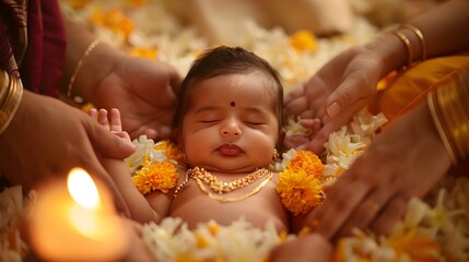 Adorable South Asian Baby Blessed in Sacred Naming Ceremony with Soft Lighting Conveying Beauty of New Life and Cultural Rituals