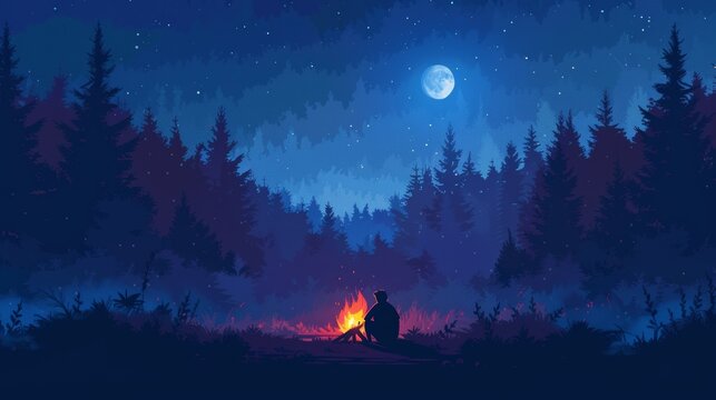 In the forest at night near a fire on meadow landscape illustration with full moon in the dark sky. Travel scene in paradise valley painting. Tourist lost alone in paradise valley painting.