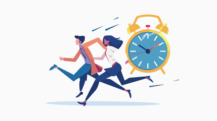 Late business man and woman team chasing deadline time