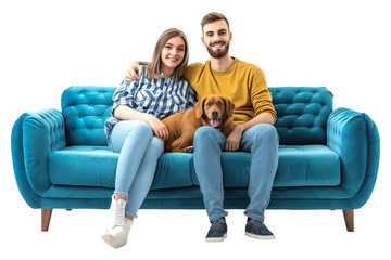 Young couple sitting with a dog on a modern sofa Isolated on transparent background.