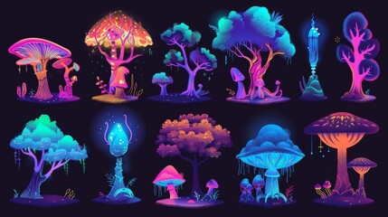 Magic forest mushroom and tree game modern set. Psychedelic alien planet world clipart with neon glow. Fantastic fluorescent vibrant plant assets collection. - obrazy, fototapety, plakaty
