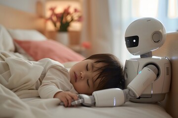 A baby is sleeping on a bed next to a AI robot. The artificial intelligence robot is white and take care of the baby as a nanny or nursemaid - obrazy, fototapety, plakaty