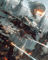 Futuristic Airship Battling Colossal Mechanical Monster in Chaotic Cityscape