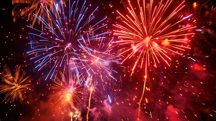 A dazzling burst of colorful fireworks lighting up the night sky in a spectacular display of light and sound at a grand firework event.