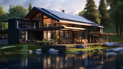 Modern house with solar panels by a lake at dusk, surrounded by trees.