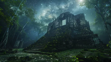 Foto op Plexiglas Night view of a Maya temple with the Milky Way in the background, showcasing ancient mystique under cosmic splendor © Tri_Graphic_Art