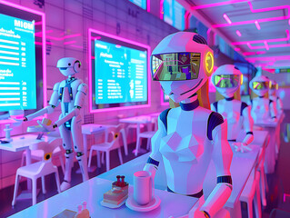 Futuristic 8 Bit Cartoon Girl Relaxing in Neon Lit Cafe with Robotic Waiters and Holographic Displays