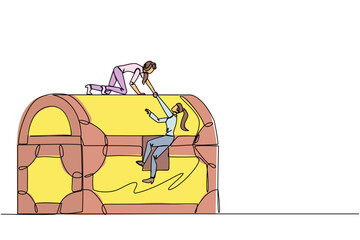 Single one line drawing businesswoman helps colleague climb a large treasure chest. Getting extraordinary profits. Share equally. Stronger together. Reward. Continuous line design graphic illustration