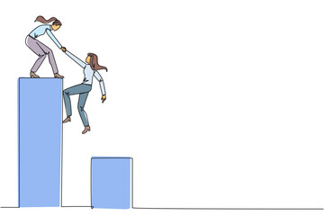 Single continuous line drawing businesswoman helps colleague climbing bar graph. Helping to climb to higher ground. Move forward and success together. Teamwork. One line design vector illustration
