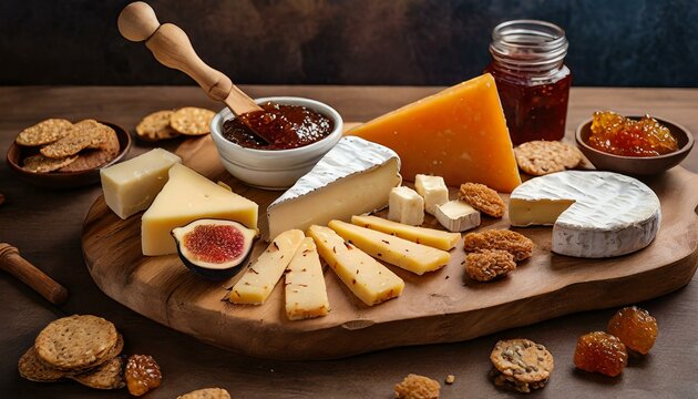 A stylish photo of an artisanal cheese board featuring a variety of cheeses, crackers and dips