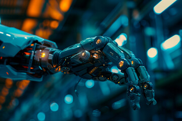 Fototapeta premium robot arm in the robotics industry, with dramatic lighting and angles that emphasize its futuristic aesthetic and technological prowess, captured in a high-tech style.