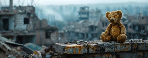 Teddy bear sitting on a broken wall overlooking the aftermath of a war shattered city its expression mirroring the silent despair