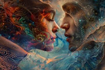 A painting of two people kissing in space. The painting is colorful and has a dreamy, romantic mood - obrazy, fototapety, plakaty