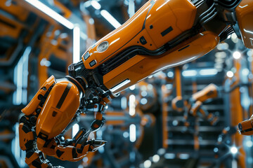 Close-up capture of a sleek robotic arm in an advanced engineering facility, showcasing intricate details and technology in a high-tech style.